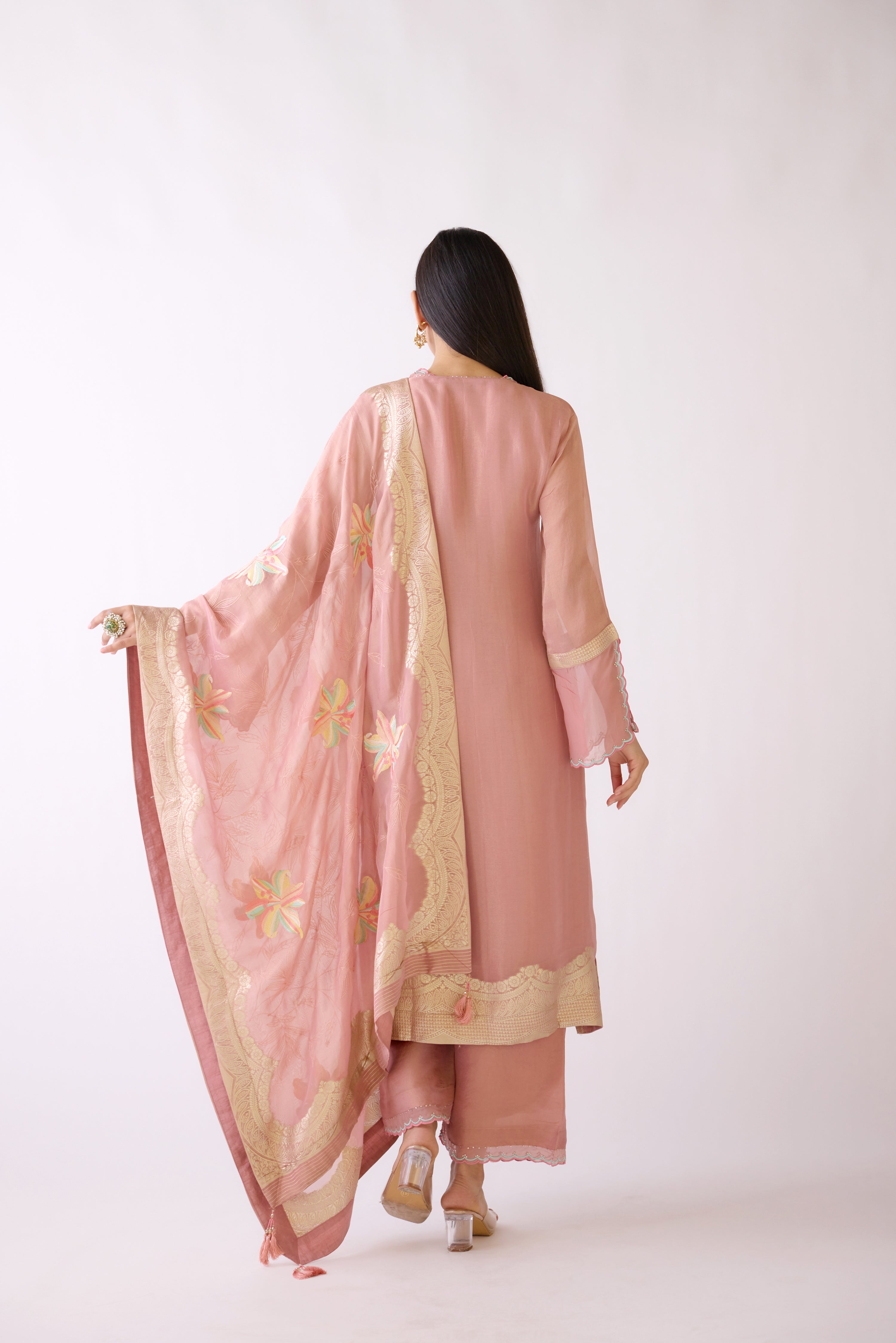 Buy dusty pink embroidered Banarasi weave kurta set online in USA with dupatta. Shop the best and latest designs in embroidered sarees, designer sarees, Anarkali suit, lehengas, sharara suits for weddings and special occasions from Pure Elegance Indian fashion store in USA.-back