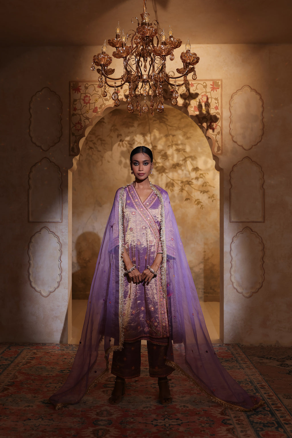 Buy lavender tissue embroidered kurta online in USA with kiran lace dupatta. Shop the best and latest designs in embroidered sarees, designer sarees, Anarkali suit, lehengas, sharara suits for weddings and special occasions from Pure Elegance Indian fashion store in USA.-full view