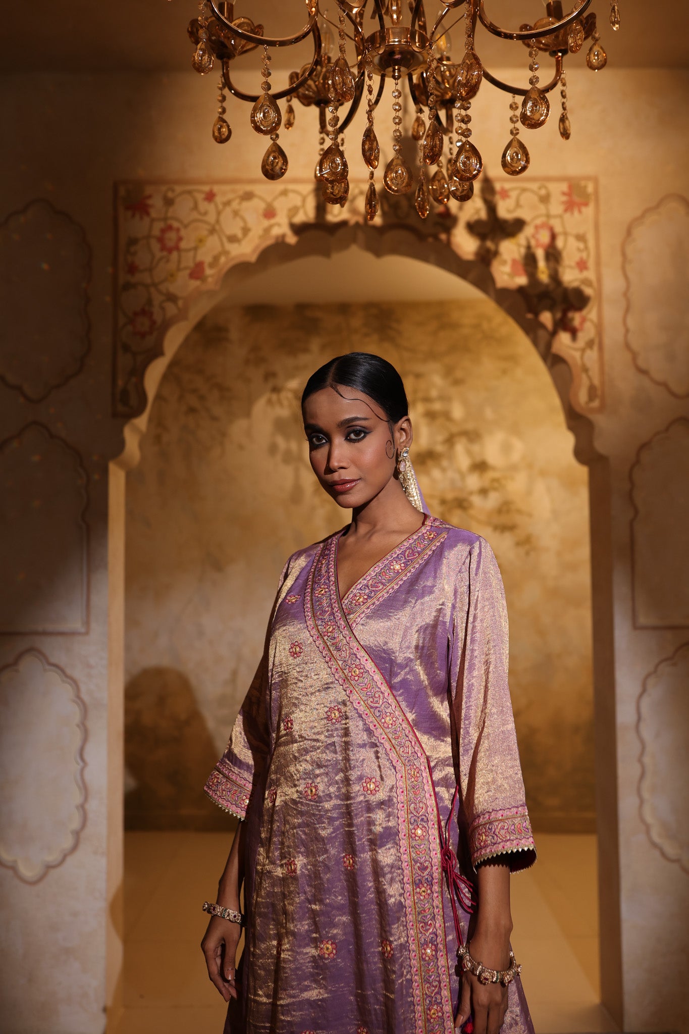 Buy lavender tissue embroidered kurta online in USA with kiran lace dupatta. Shop the best and latest designs in embroidered sarees, designer sarees, Anarkali suit, lehengas, sharara suits for weddings and special occasions from Pure Elegance Indian fashion store in USA.-closeup