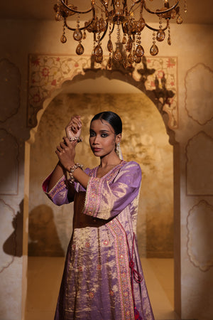 Buy lavender tissue embroidered kurta online in USA with kiran lace dupatta. Shop the best and latest designs in embroidered sarees, designer sarees, Anarkali suit, lehengas, sharara suits for weddings and special occasions from Pure Elegance Indian fashion store in USA.-suit