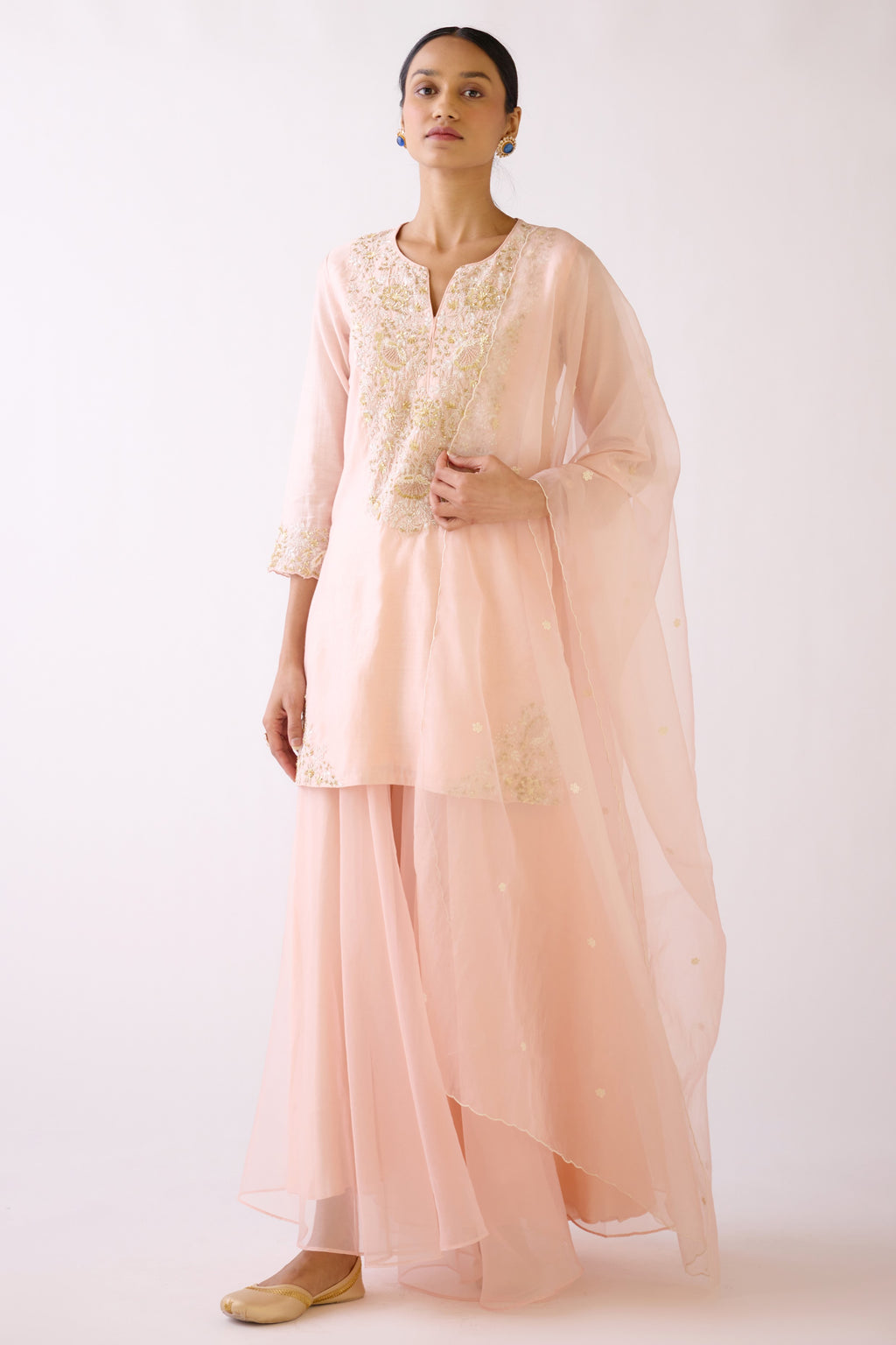 Shop baby pink embroidered cotton silk sharara suit online in USA. Shop the best and latest designs in embroidered sarees, designer sarees, Anarkali suit, lehengas, sharara suits for weddings and special occasions from Pure Elegance Indian fashion store in USA.-full view