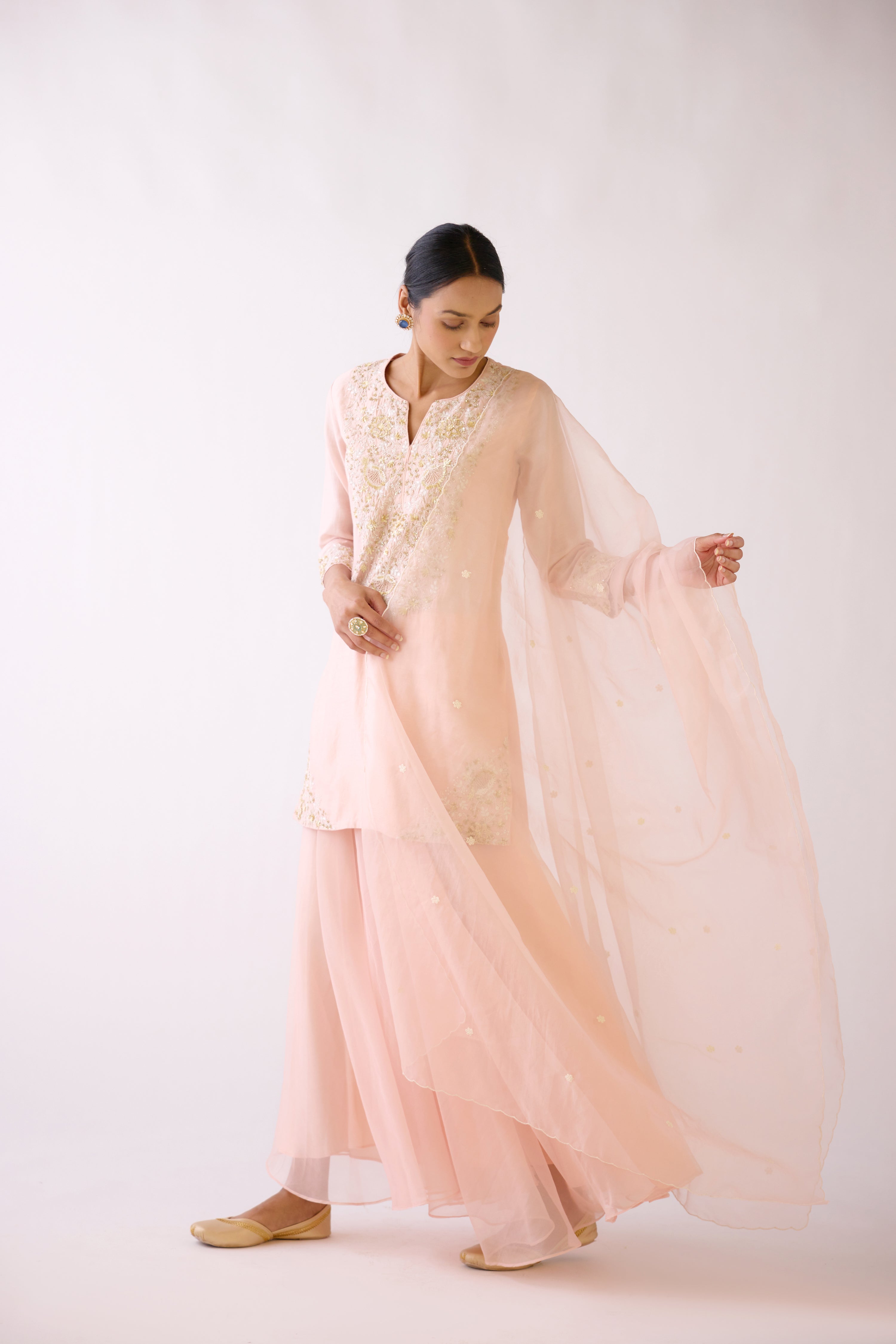 Shop baby pink embroidered cotton silk sharara suit online in USA. Shop the best and latest designs in embroidered sarees, designer sarees, Anarkali suit, lehengas, sharara suits for weddings and special occasions from Pure Elegance Indian fashion store in USA.-suit