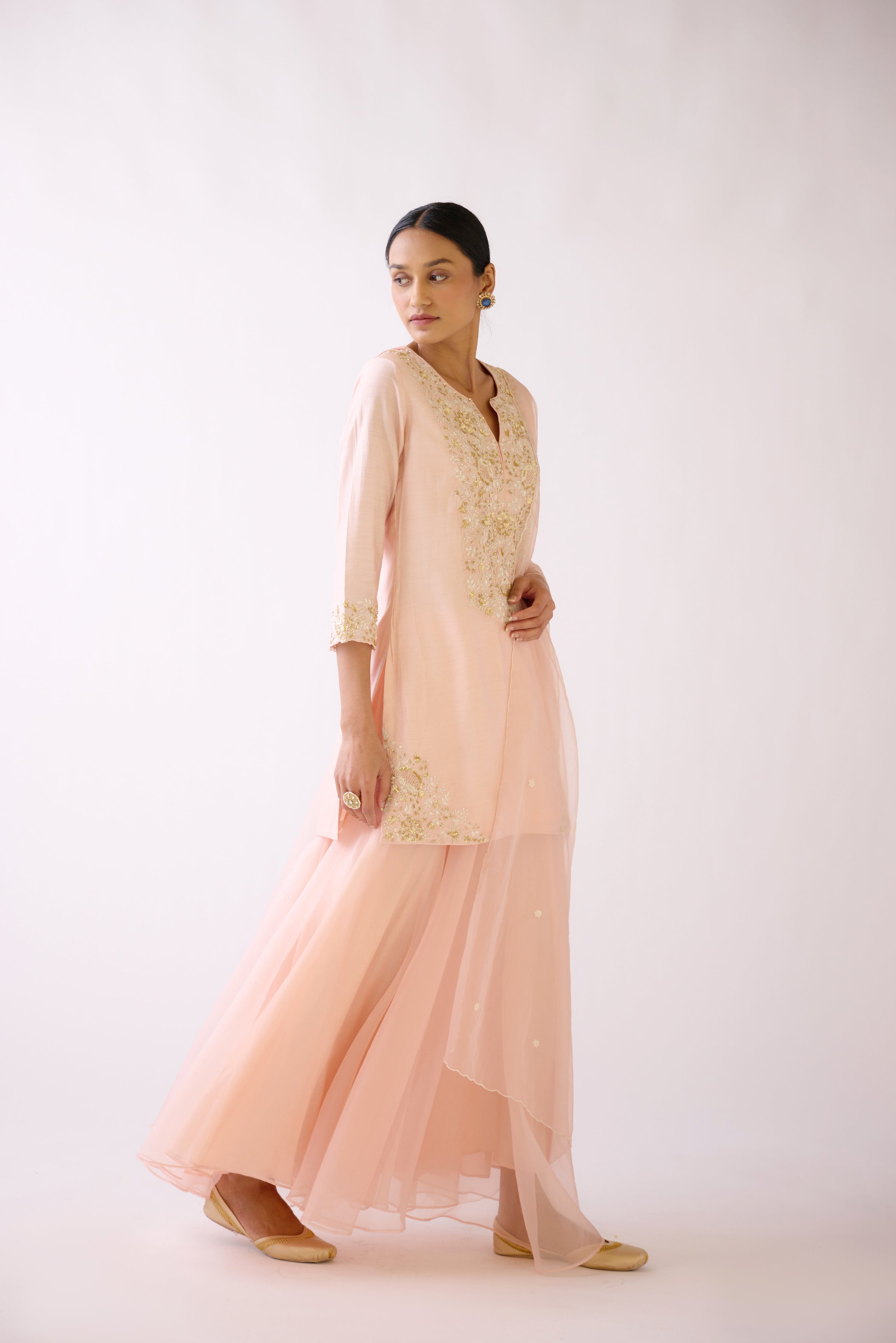 Shop baby pink embroidered cotton silk sharara suit online in USA. Shop the best and latest designs in embroidered sarees, designer sarees, Anarkali suit, lehengas, sharara suits for weddings and special occasions from Pure Elegance Indian fashion store in USA.-side