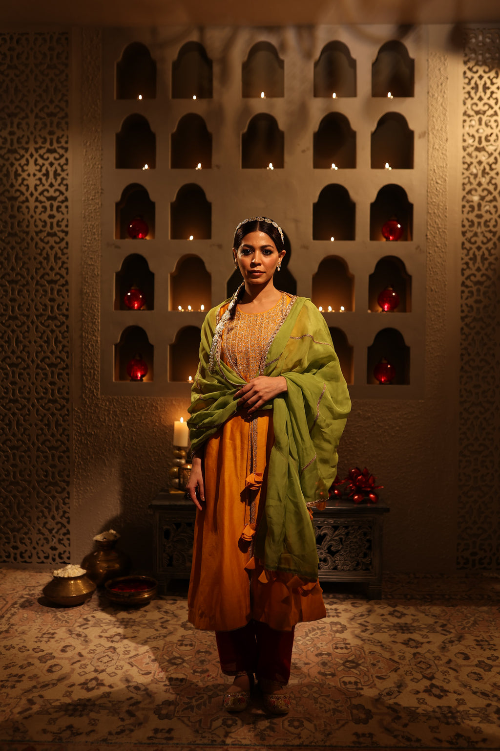 Buy mustard embroidered chanderi suit online in USA with green dupatta. Shop the best and latest designs in embroidered sarees, designer sarees, Anarkali suit, lehengas, sharara suits for weddings and special occasions from Pure Elegance Indian fashion store in USA.-full view