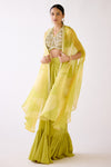 Buy lime green organza cape set online in USA with draped skirt. Shop the best and latest designs in embroidered sarees, designer sarees, Anarkali suit, lehengas, sharara suits for weddings and special occasions from Pure Elegance Indian fashion store in USA.-full view