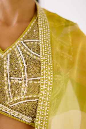 Buy lime green organza cape set online in USA with draped skirt. Shop the best and latest designs in embroidered sarees, designer sarees, Anarkali suit, lehengas, sharara suits for weddings and special occasions from Pure Elegance Indian fashion store in USA.closeup