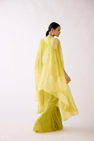 Buy lime green organza cape set online in USA with draped skirt. Shop the best and latest designs in embroidered sarees, designer sarees, Anarkali suit, lehengas, sharara suits for weddings and special occasions from Pure Elegance Indian fashion store in USA.-back