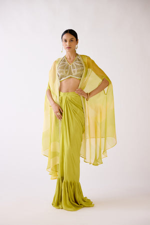 Buy lime green organza cape set online in USA with draped skirt. Shop the best and latest designs in embroidered sarees, designer sarees, Anarkali suit, lehengas, sharara suits for weddings and special occasions from Pure Elegance Indian fashion store in USA.-front