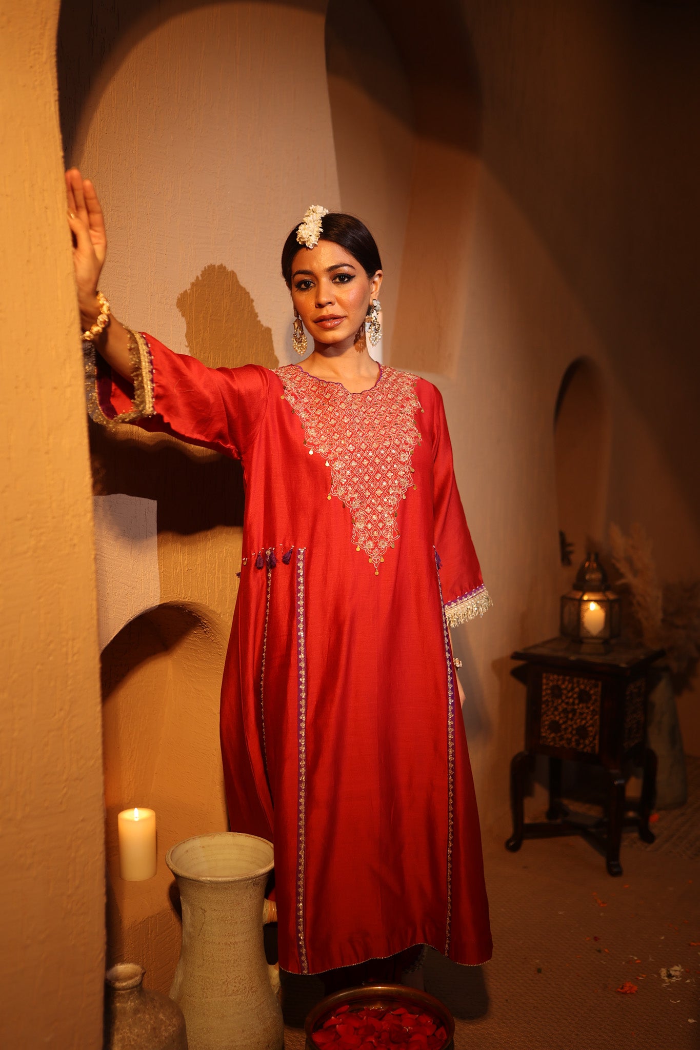 Shop red embroidered chanderi suit online in USA with palazzo. Shop the best and latest designs in embroidered sarees, designer sarees, Anarkali suit, lehengas, sharara suits for weddings and special occasions from Pure Elegance Indian fashion store in USA.-closeup