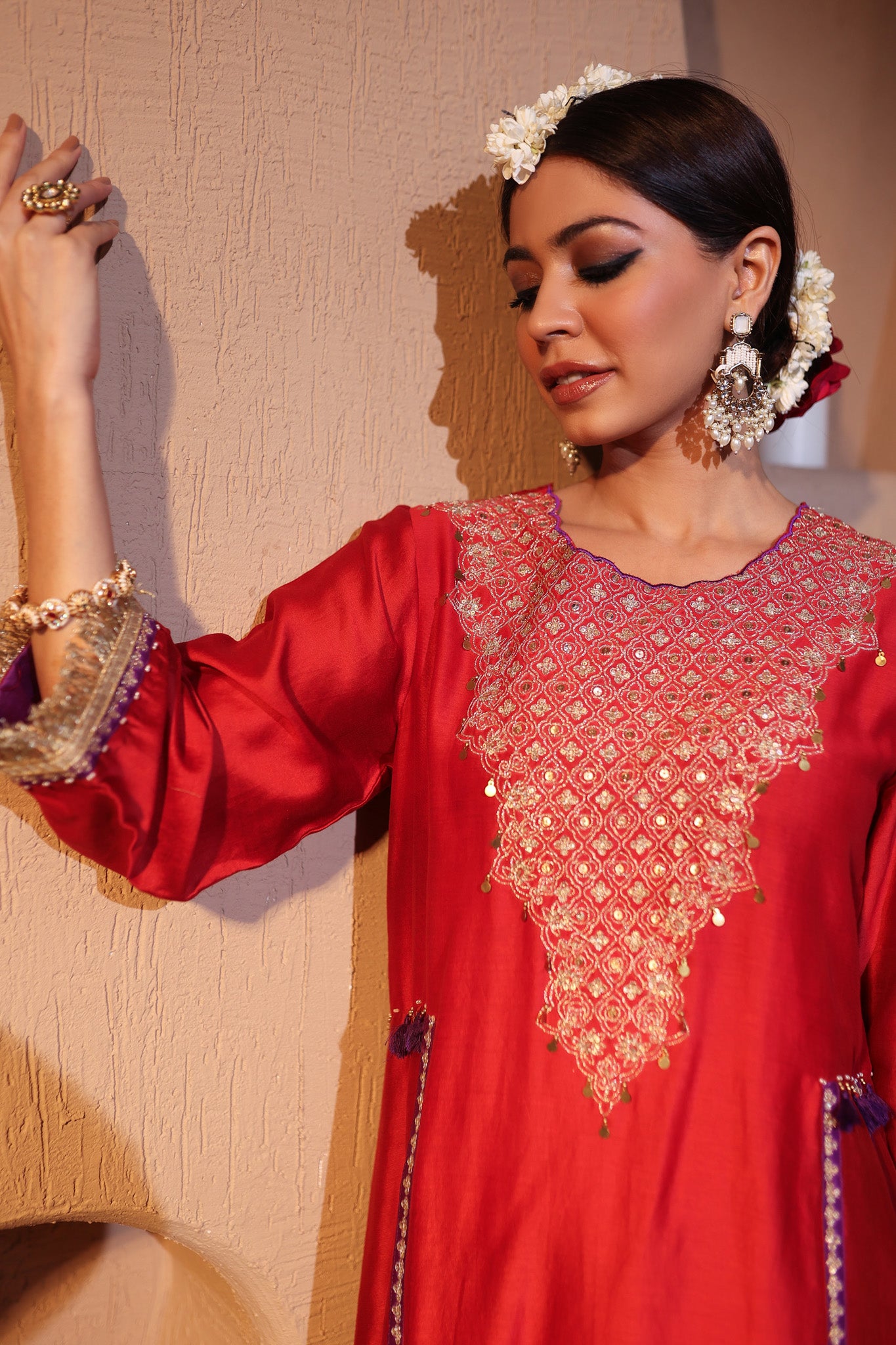 Shop red embroidered chanderi suit online in USA with palazzo. Shop the best and latest designs in embroidered sarees, designer sarees, Anarkali suit, lehengas, sharara suits for weddings and special occasions from Pure Elegance Indian fashion store in USA.-embroidery