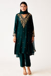 Buy bottle green embroidered silk pant suit online in USA with dupatta. Shop the best and latest designs in embroidered sarees, designer sarees, Anarkali suit, lehengas, sharara suits for weddings and special occasions from Pure Elegance Indian fashion store in USA.-full view