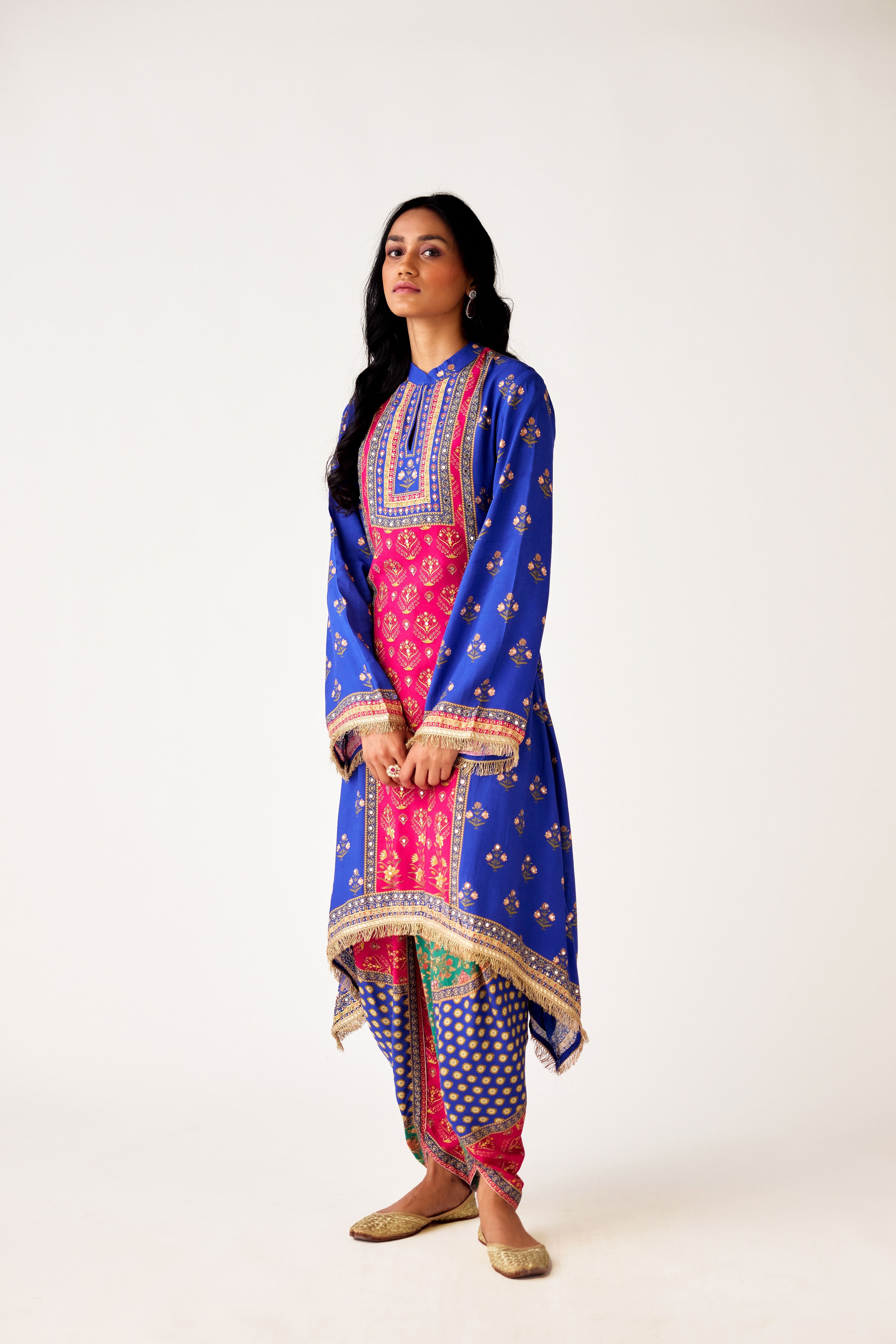 Shop blue multicolor print mirror work muslin dhoti set online in USA. Shop the best and latest designs in embroidered sarees, designer sarees, Anarkali suit, lehengas, sharara suits for weddings and special occasions from Pure Elegance Indian fashion store in USA.-side