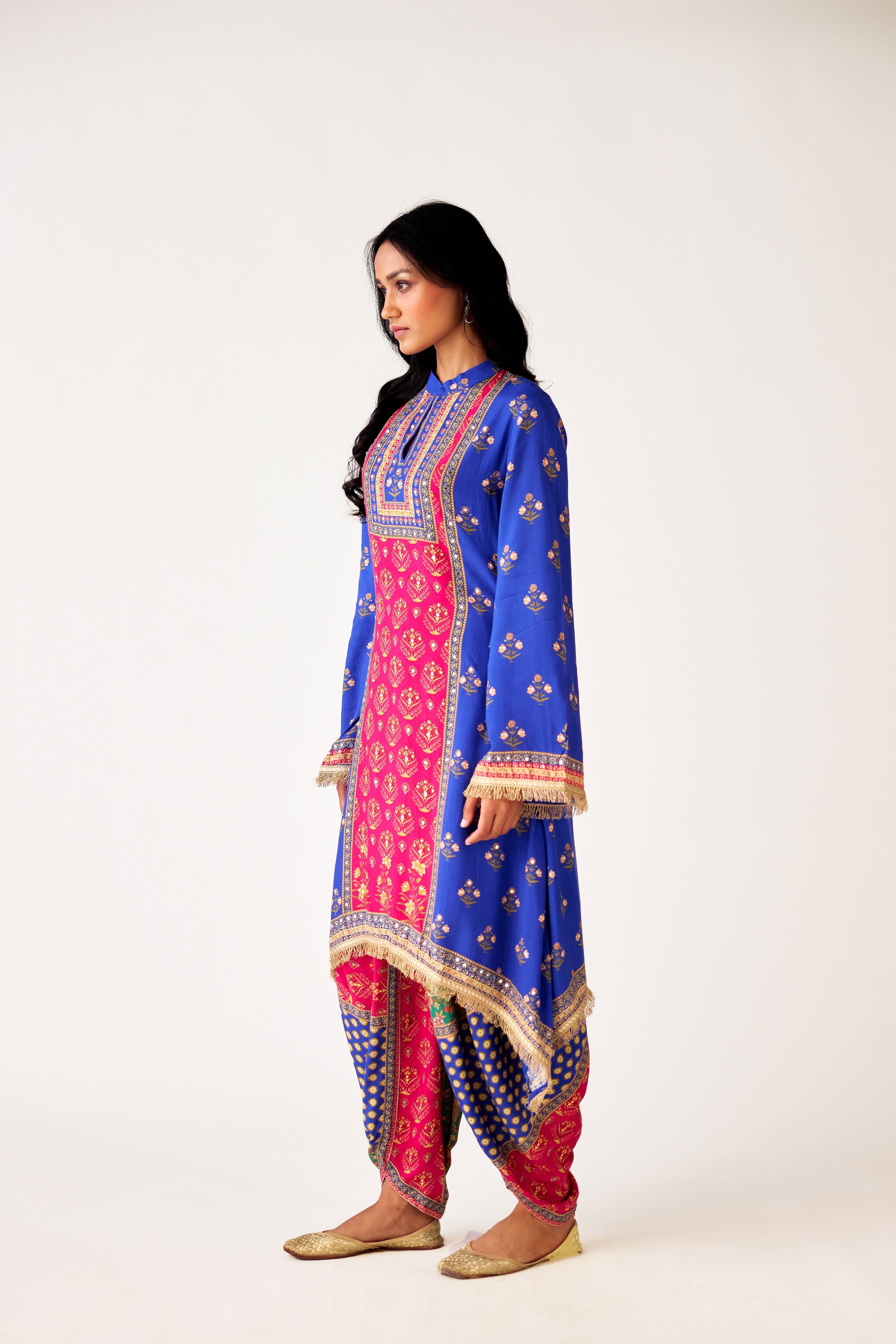 Shop blue multicolor print mirror work muslin dhoti set online in USA. Shop the best and latest designs in embroidered sarees, designer sarees, Anarkali suit, lehengas, sharara suits for weddings and special occasions from Pure Elegance Indian fashion store in USA.-side