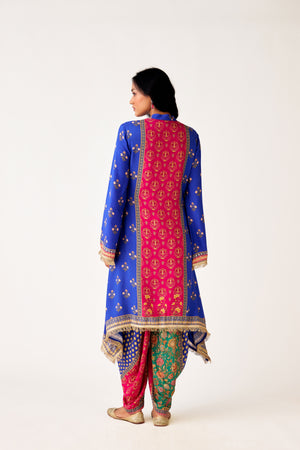 Shop blue multicolor print mirror work muslin dhoti set online in USA. Shop the best and latest designs in embroidered sarees, designer sarees, Anarkali suit, lehengas, sharara suits for weddings and special occasions from Pure Elegance Indian fashion store in USA.-back