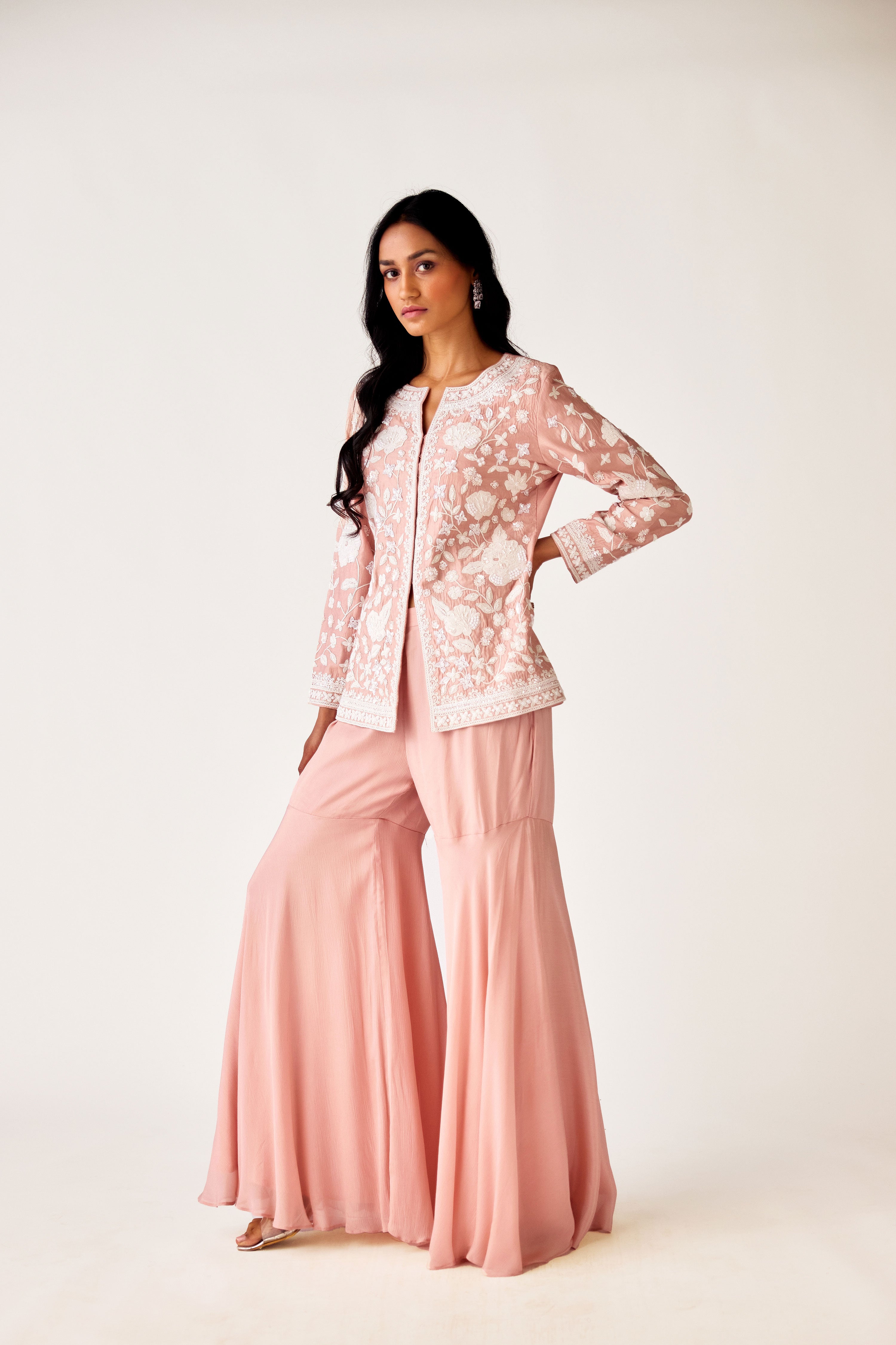 Buy baby pink chinon beads and dori work sharara set online in USA. Shop the best and latest designs in embroidered sarees, designer sarees, Anarkali suit, lehengas, sharara suits for weddings and special occasions from Pure Elegance Indian fashion store in USA.-side