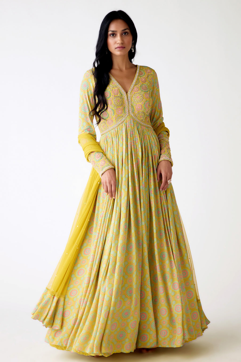 Shop yellow printed beads and sequin work crepe Anarkali online in USA. Shop the best and latest designs in embroidered sarees, designer sarees, Anarkali suit, lehengas, sharara suits for weddings and special occasions from Pure Elegance Indian fashion store in USA.-full view