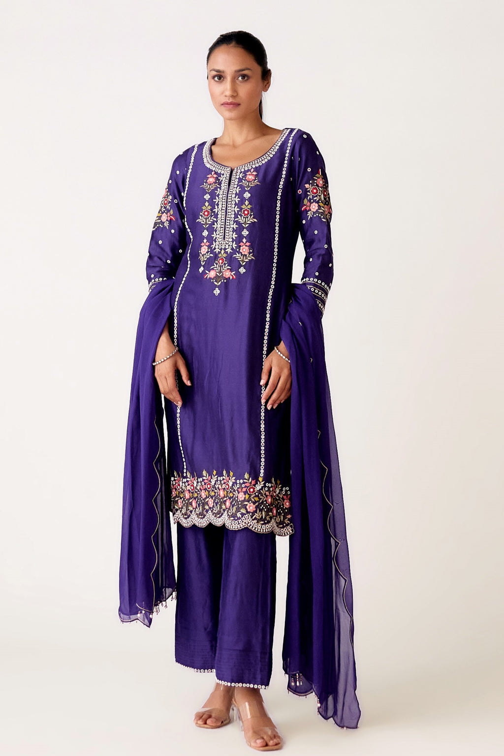 Shop purple chanderi embroidered pant suit online in USA with dupatta. Shop the best and latest designs in embroidered sarees, designer sarees, Anarkali suit, lehengas, sharara suits for weddings and special occasions from Pure Elegance Indian fashion store in USA.-full view