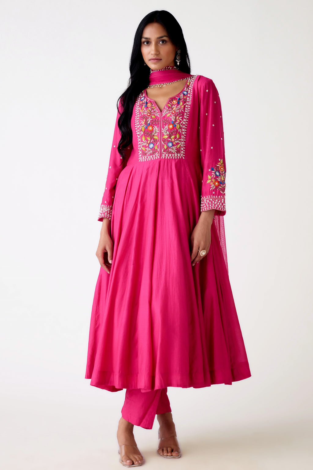 Buy rani pink embroidered chanderi Anarkali suit online in USA. Shop the best and latest designs in embroidered sarees, designer sarees, Anarkali suit, lehengas, sharara suits for weddings and special occasions from Pure Elegance Indian fashion store in USA.-full view