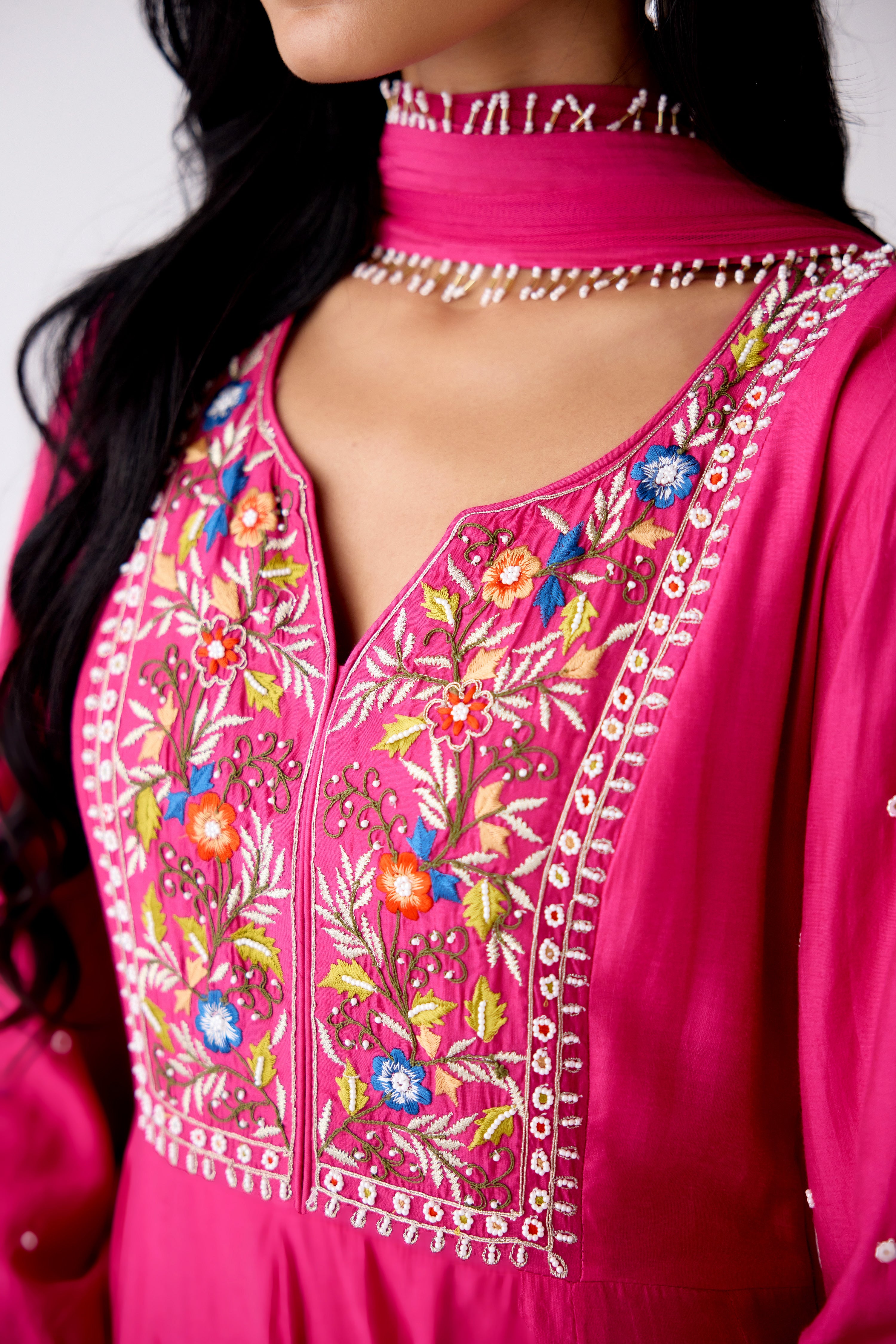 Buy rani pink embroidered chanderi Anarkali suit online in USA. Shop the best and latest designs in embroidered sarees, designer sarees, Anarkali suit, lehengas, sharara suits for weddings and special occasions from Pure Elegance Indian fashion store in USA.-embroidery