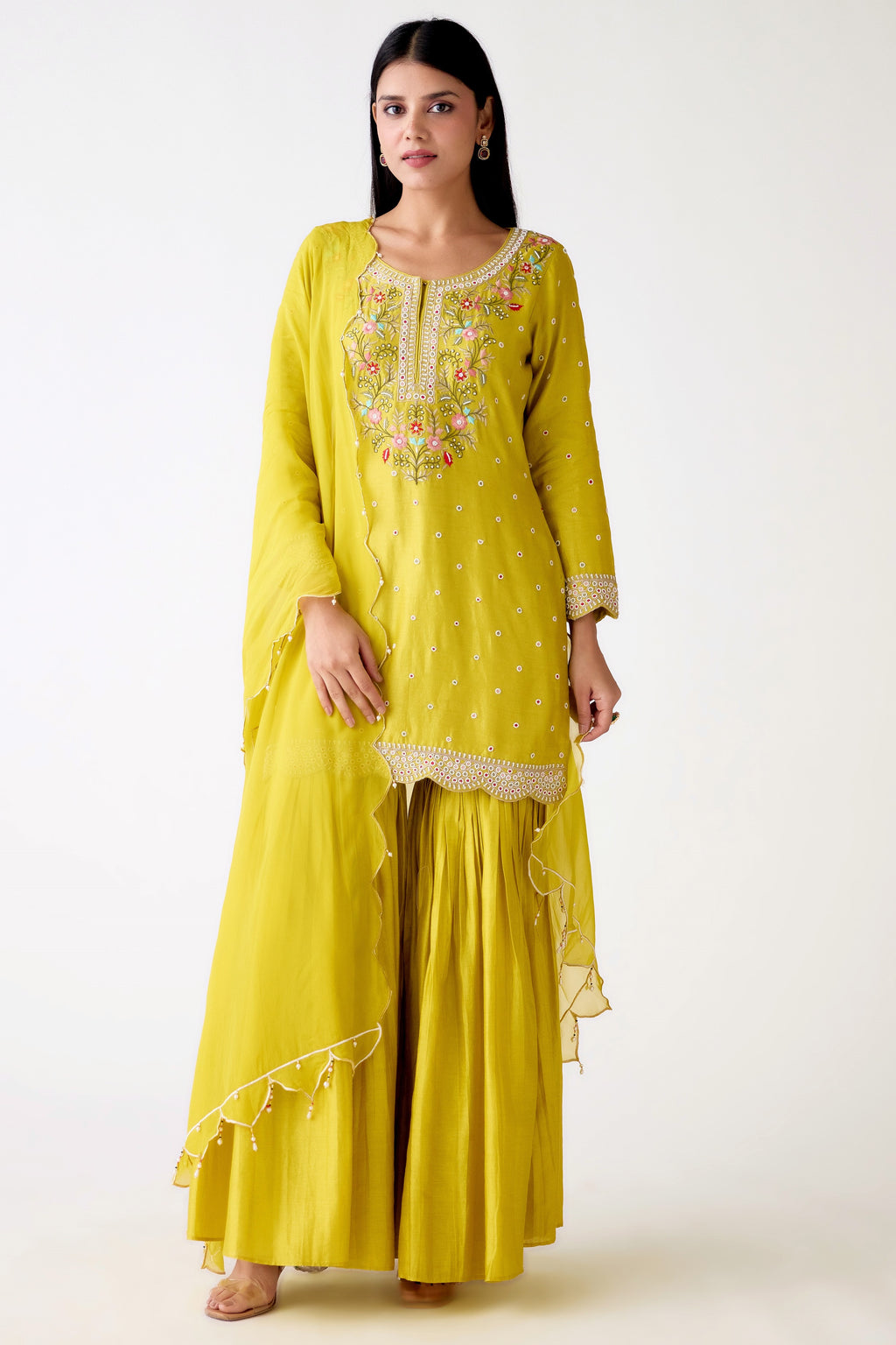 Shop lime green resham and bead work cotton silk sharara suit online in USA. Shop the best and latest designs in embroidered sarees, designer sarees, Anarkali suit, lehengas, sharara suits for weddings and special occasions from Pure Elegance Indian fashion store in USA.-full view