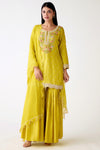 Shop lime green resham and bead work cotton silk sharara suit online in USA. Shop the best and latest designs in embroidered sarees, designer sarees, Anarkali suit, lehengas, sharara suits for weddings and special occasions from Pure Elegance Indian fashion store in USA.-full view