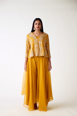 Buy mustard organza embroidered sharara set online in USA. Shop the best and latest designs in embroidered sarees, designer sarees, Anarkali suit, lehengas, sharara suits for weddings and special occasions from Pure Elegance Indian fashion store in USA.-front