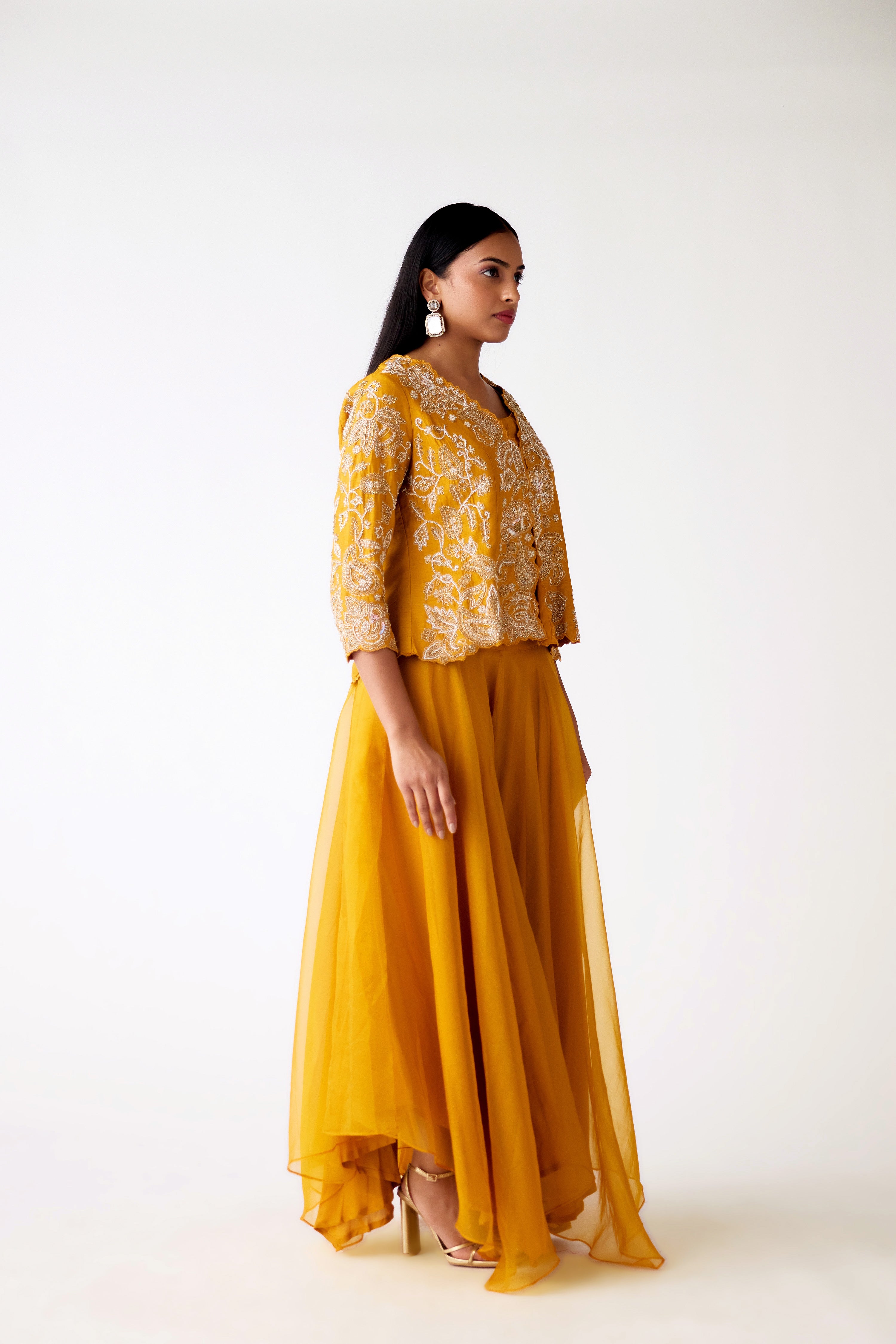 Buy mustard organza embroidered sharara set online in USA. Shop the best and latest designs in embroidered sarees, designer sarees, Anarkali suit, lehengas, sharara suits for weddings and special occasions from Pure Elegance Indian fashion store in USA.-side