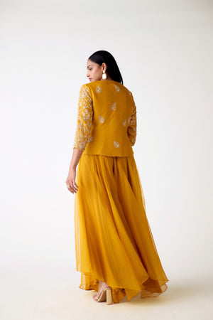 Buy mustard organza embroidered sharara set online in USA. Shop the best and latest designs in embroidered sarees, designer sarees, Anarkali suit, lehengas, sharara suits for weddings and special occasions from Pure Elegance Indian fashion store in USA.-back