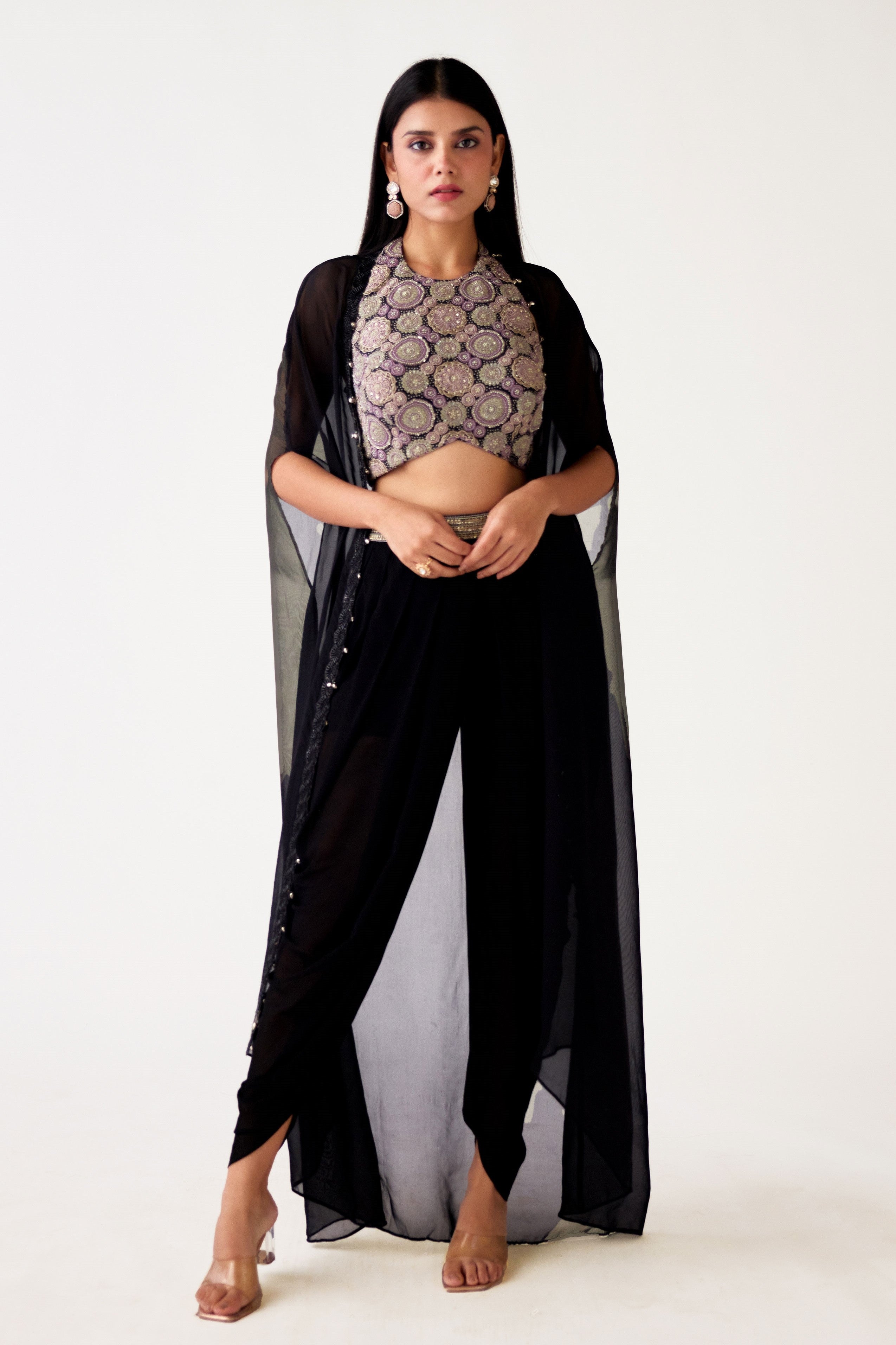 Shop black georgette embroidered dhoti pant set online in USA with cape. Shop the best and latest designs in embroidered sarees, designer sarees, Anarkali suit, lehengas, sharara suits for weddings and special occasions from Pure Elegance Indian fashion store in USA.-full view