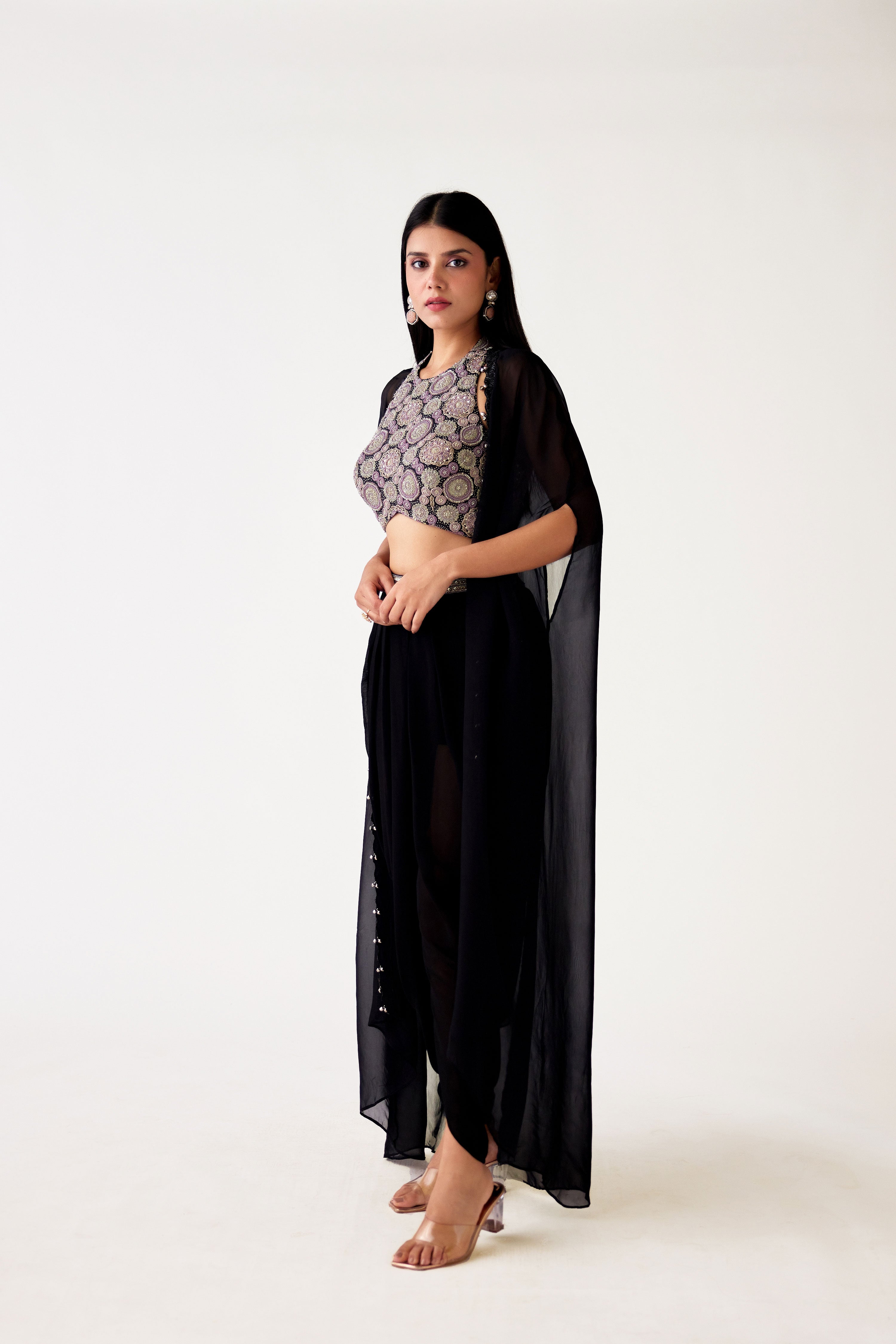 Shop black georgette embroidered dhoti pant set online in USA with cape. Shop the best and latest designs in embroidered sarees, designer sarees, Anarkali suit, lehengas, sharara suits for weddings and special occasions from Pure Elegance Indian fashion store in USA.-side