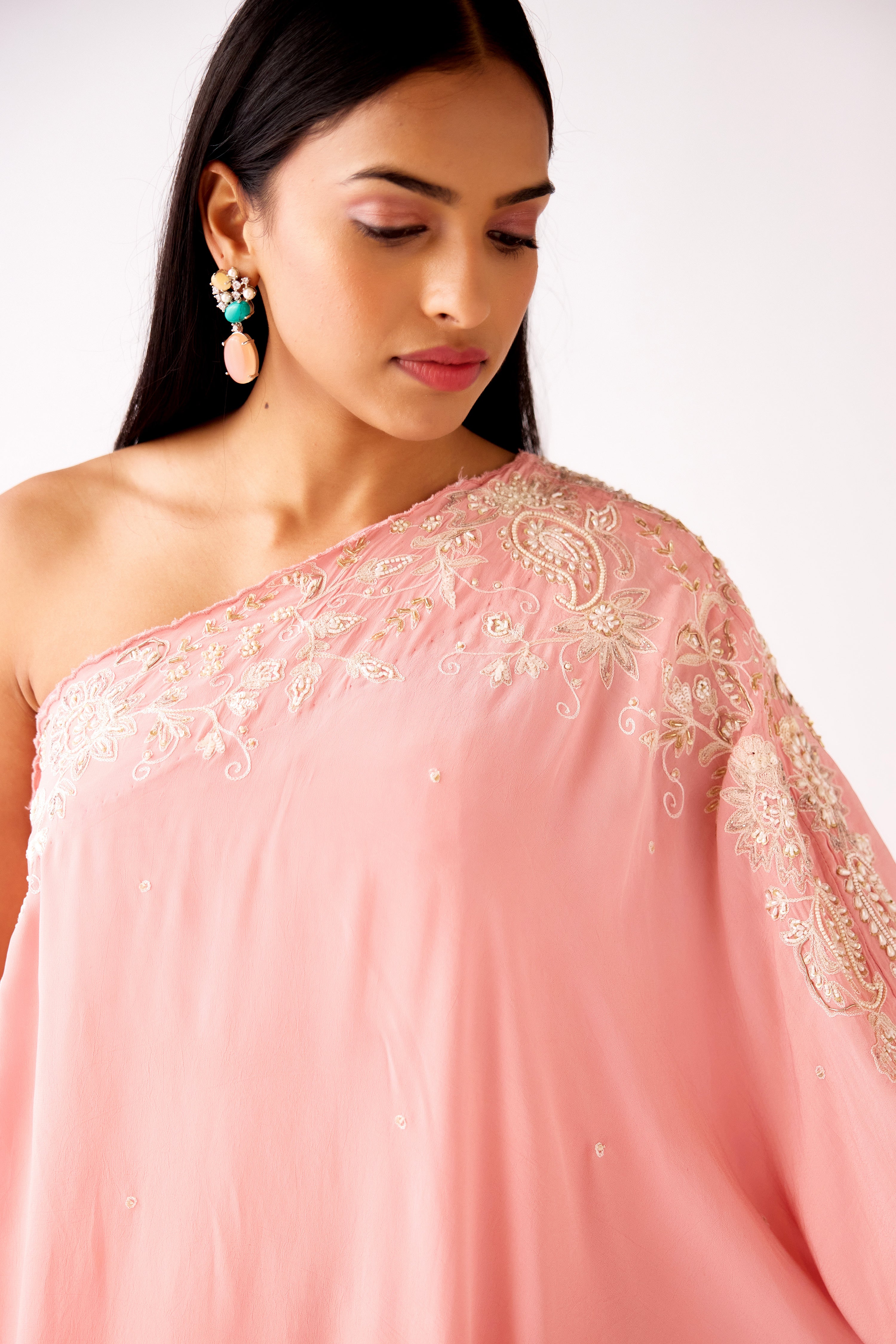 Buy baby pink embroidered asymmetric georgette co-ord set online in USA. Shop the best and latest designs in embroidered sarees, designer sarees, Anarkali suit, lehengas, sharara suits for weddings and special occasions from Pure Elegance Indian fashion store in USA.-closeup