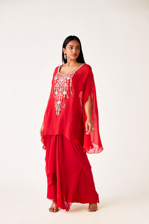 Shop red embroidered organza cape set online in USA. Shop the best and latest designs in embroidered sarees, designer sarees, Anarkali suit, lehengas, sharara suits for weddings and special occasions from Pure Elegance Indian fashion store in USA.-side