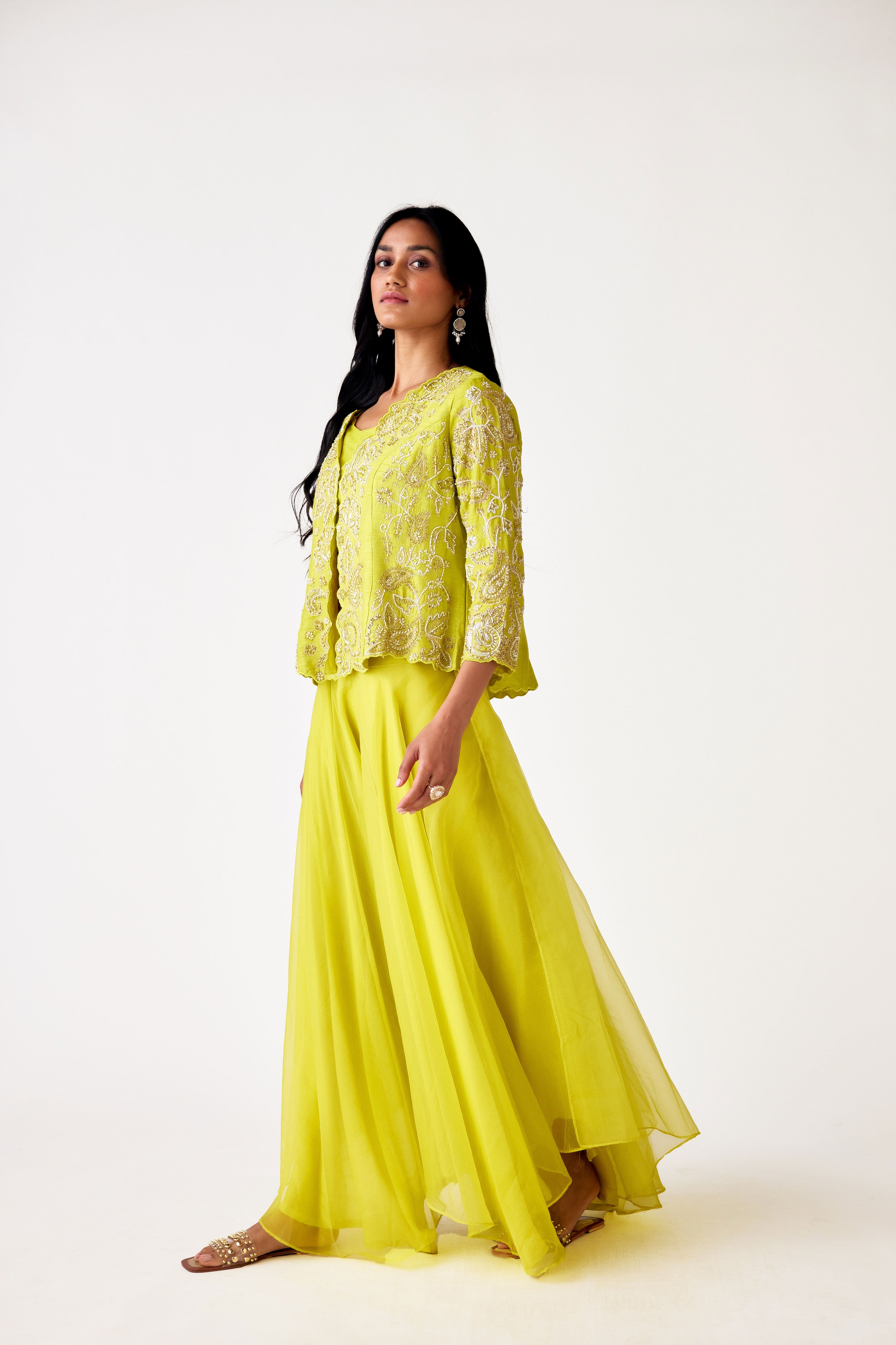 Buy lime green embroidered organza sharara set online in USA. Shop the best and latest designs in embroidered sarees, designer sarees, Anarkali suit, lehengas, sharara suits for weddings and special occasions from Pure Elegance Indian fashion store in USA.-side