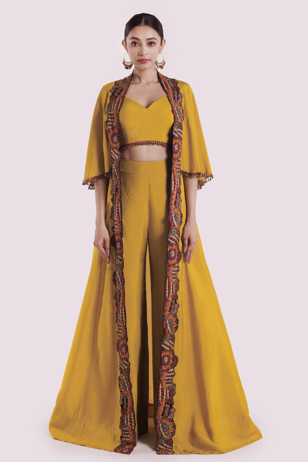 Shop yellow silk co-ord set online in USA with thread work jacket. Shop the best and latest designs in embroidered sarees, designer sarees, Anarkali suit, lehengas, sharara suits for weddings and special occasions from Pure Elegance Indian fashion store in USA.-full view