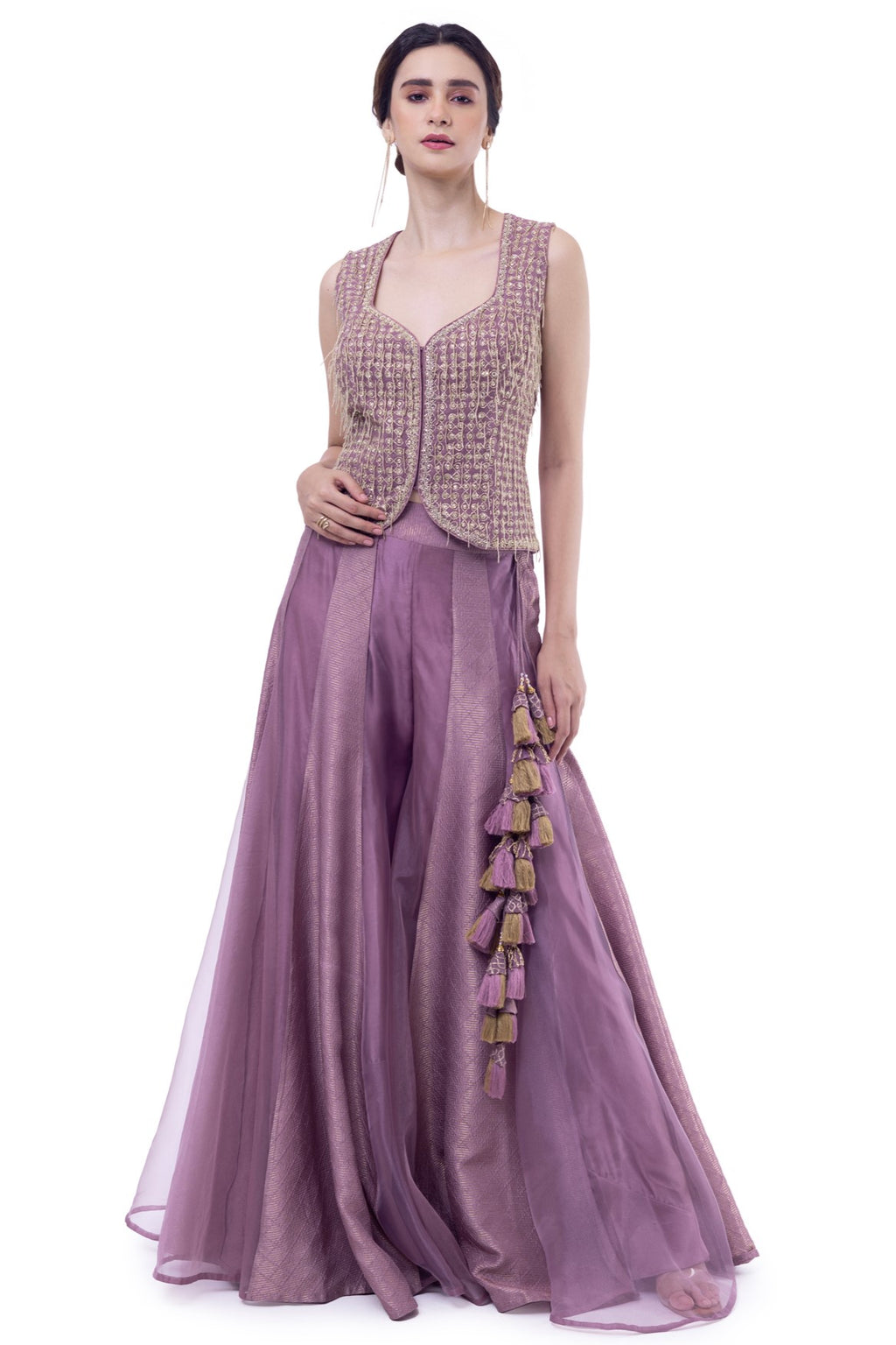 Buy stunning lavender embroidered sharara vest set online in USA. Shop the best and latest designs in embroidered sarees, designer sarees, Anarkali suit, lehengas, sharara suits for weddings and special occasions from Pure Elegance Indian fashion store in USA.-full view