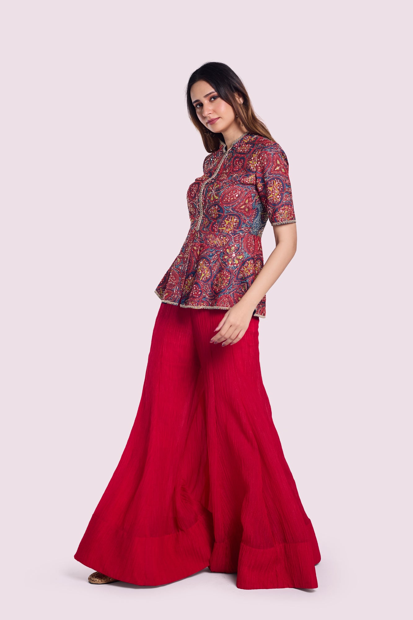 Shop stylish red and blue peplum co-ord set online in USA. Shop the best and latest designs in embroidered sarees, designer sarees, Anarkali suit, lehengas, sharara suits for weddings and special occasions from Pure Elegance Indian fashion store in USA.-side