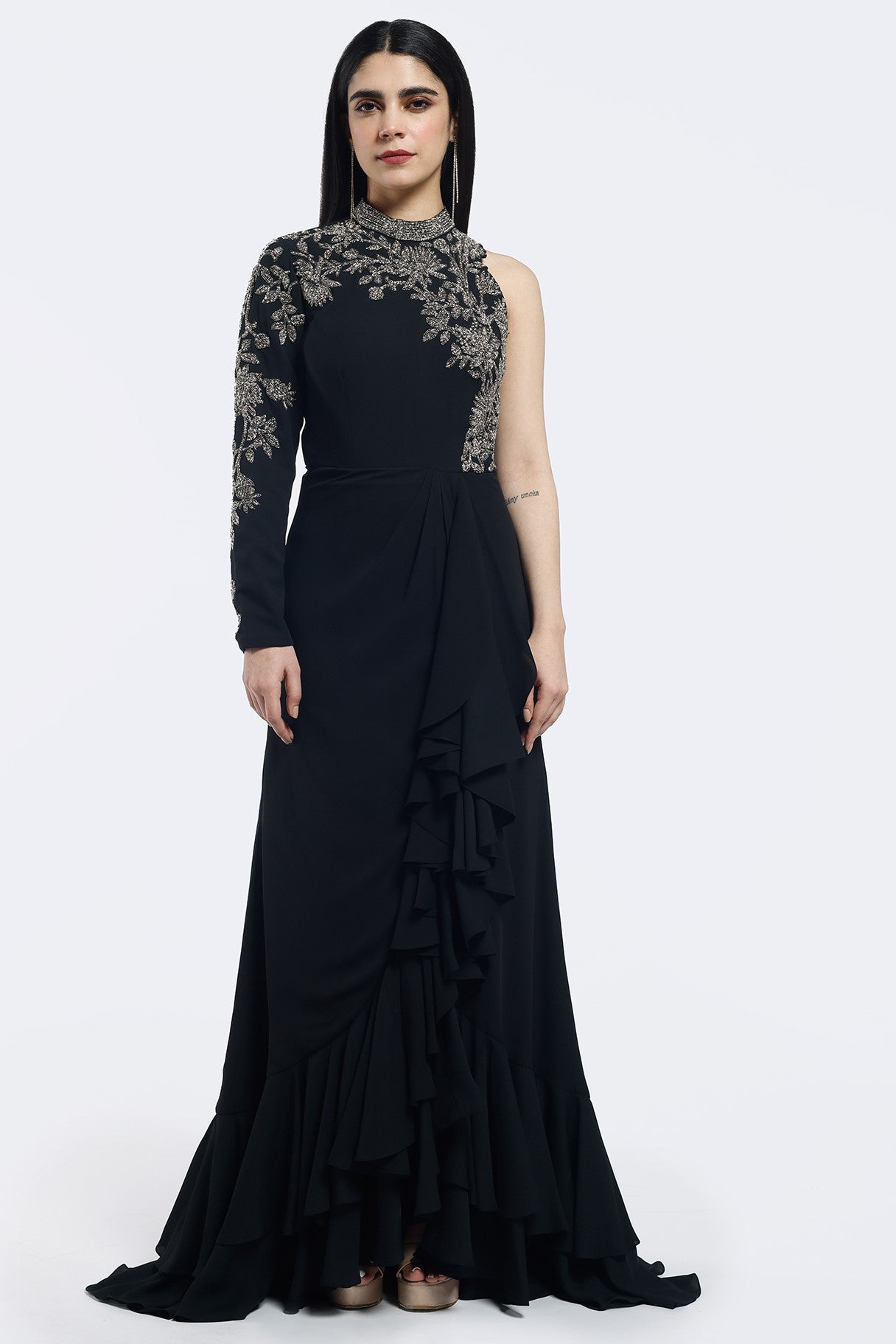 Buy black georgette monosleeve designer gown online in USA. Shop the best and latest designs in embroidered sarees, designer sarees, Anarkali suit, lehengas, sharara suits for weddings and special occasions from Pure Elegance Indian fashion store in USA.-full view