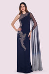 Shop navy blue georgette mono cape sleeve designer gown online in USA. Shop the best and latest designs in embroidered sarees, designer sarees, Anarkali suit, lehengas, sharara suits for weddings and special occasions from Pure Elegance Indian fashion store in USA.-full view