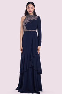 Shop navy blue monosleeve layered georgette gown online in USA. Shop the best and latest designs in embroidered sarees, designer sarees, Anarkali suit, lehengas, sharara suits for weddings and special occasions from Pure Elegance Indian fashion store in USA.-full view