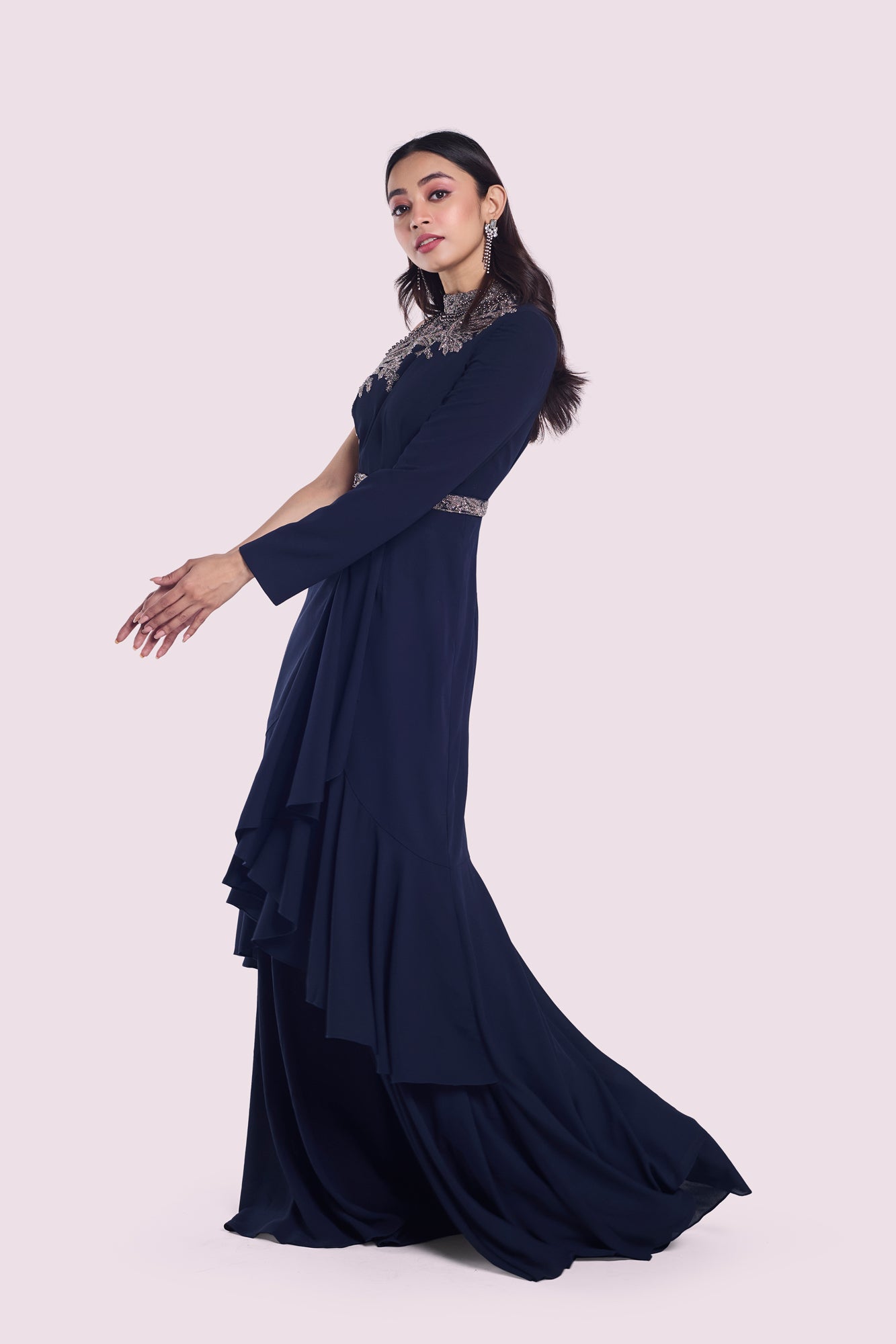 Shop navy blue monosleeve layered georgette gown online in USA. Shop the best and latest designs in embroidered sarees, designer sarees, Anarkali suit, lehengas, sharara suits for weddings and special occasions from Pure Elegance Indian fashion store in USA.-gown