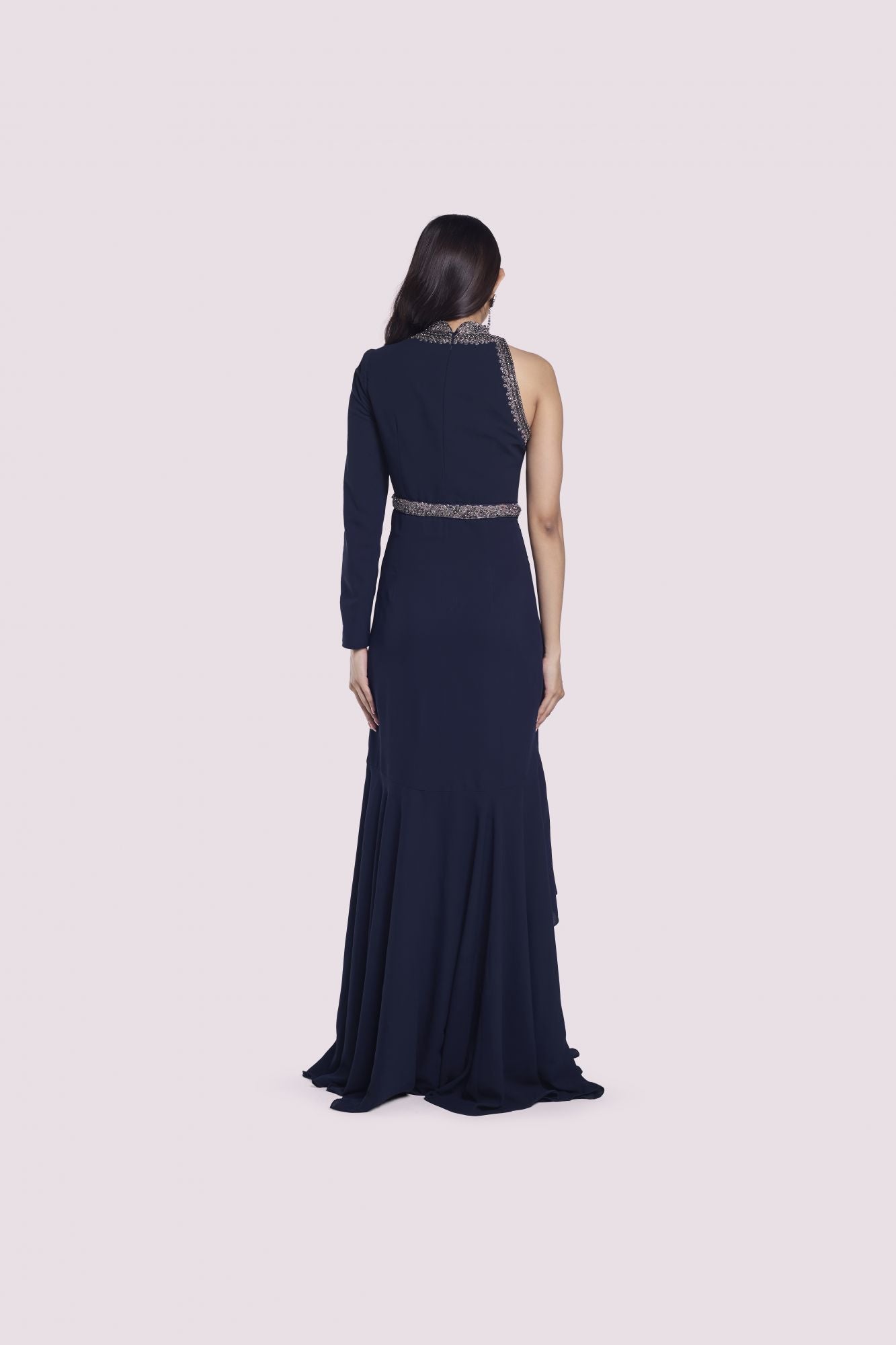 Shop navy blue monosleeve layered georgette gown online in USA. Shop the best and latest designs in embroidered sarees, designer sarees, Anarkali suit, lehengas, sharara suits for weddings and special occasions from Pure Elegance Indian fashion store in USA.-back