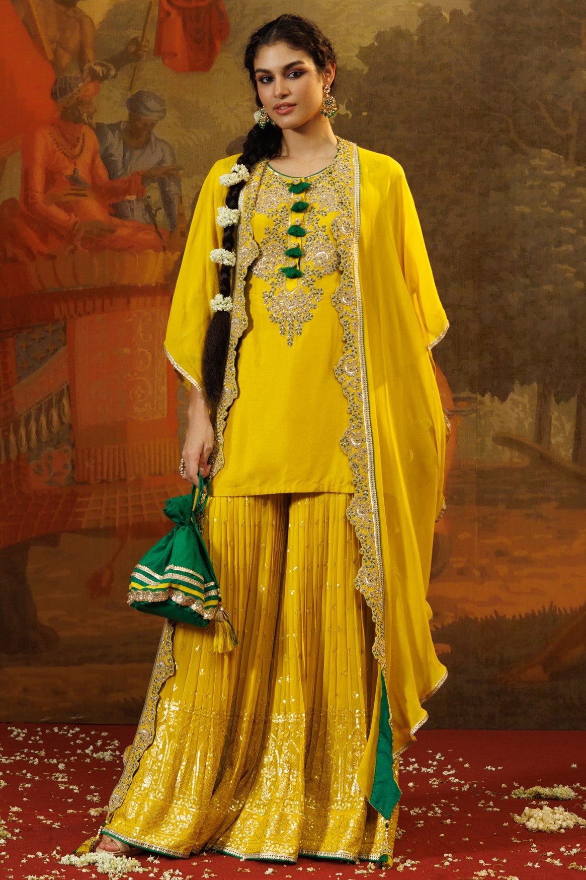 Buy mango yellow georgette chiffon sharara suit online in USA with cape. Shop the best and latest designs in embroidered sarees, designer sarees, Anarkali suit, lehengas, sharara suits for weddings and special occasions from Pure Elegance Indian fashion store in USA.-full view