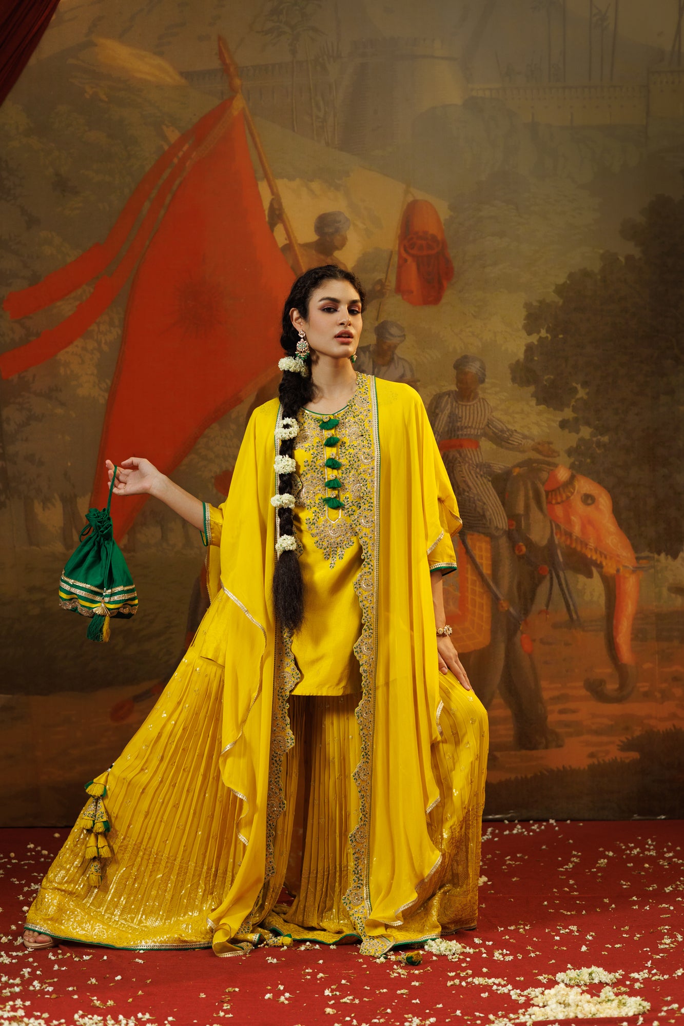 Buy mango yellow georgette chiffon sharara suit online in USA with cape. Shop the best and latest designs in embroidered sarees, designer sarees, Anarkali suit, lehengas, sharara suits for weddings and special occasions from Pure Elegance Indian fashion store in USA.-sharara