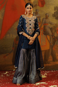 Shop navy blue zardozi work gharara suit online in USA with dupatta. Shop the best and latest designs in embroidered sarees, designer sarees, Anarkali suit, lehengas, sharara suits for weddings and special occasions from Pure Elegance Indian fashion store in USA.-full view