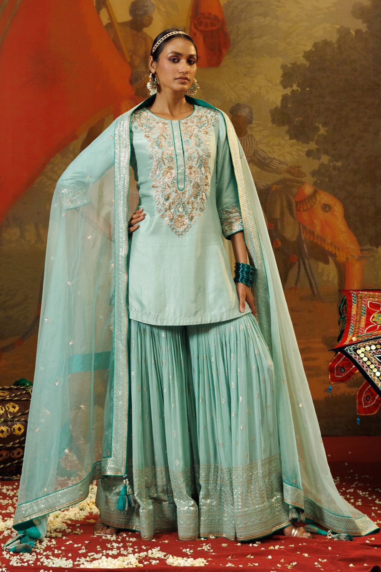 Buy sky blue zardozi work gharara suit online in USA with dupatta. Shop the best and latest designs in embroidered sarees, designer sarees, Anarkali suit, lehengas, sharara suits for weddings and special occasions from Pure Elegance Indian fashion store in USA.-full view