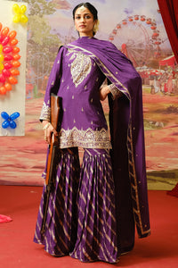 Shop purple zari organza satin gharara suit online in USA with dupatta. Shop the best and latest designs in embroidered sarees, designer sarees, Anarkali suit, lehengas, sharara suits for weddings and special occasions from Pure Elegance Indian fashion store in USA.-full view