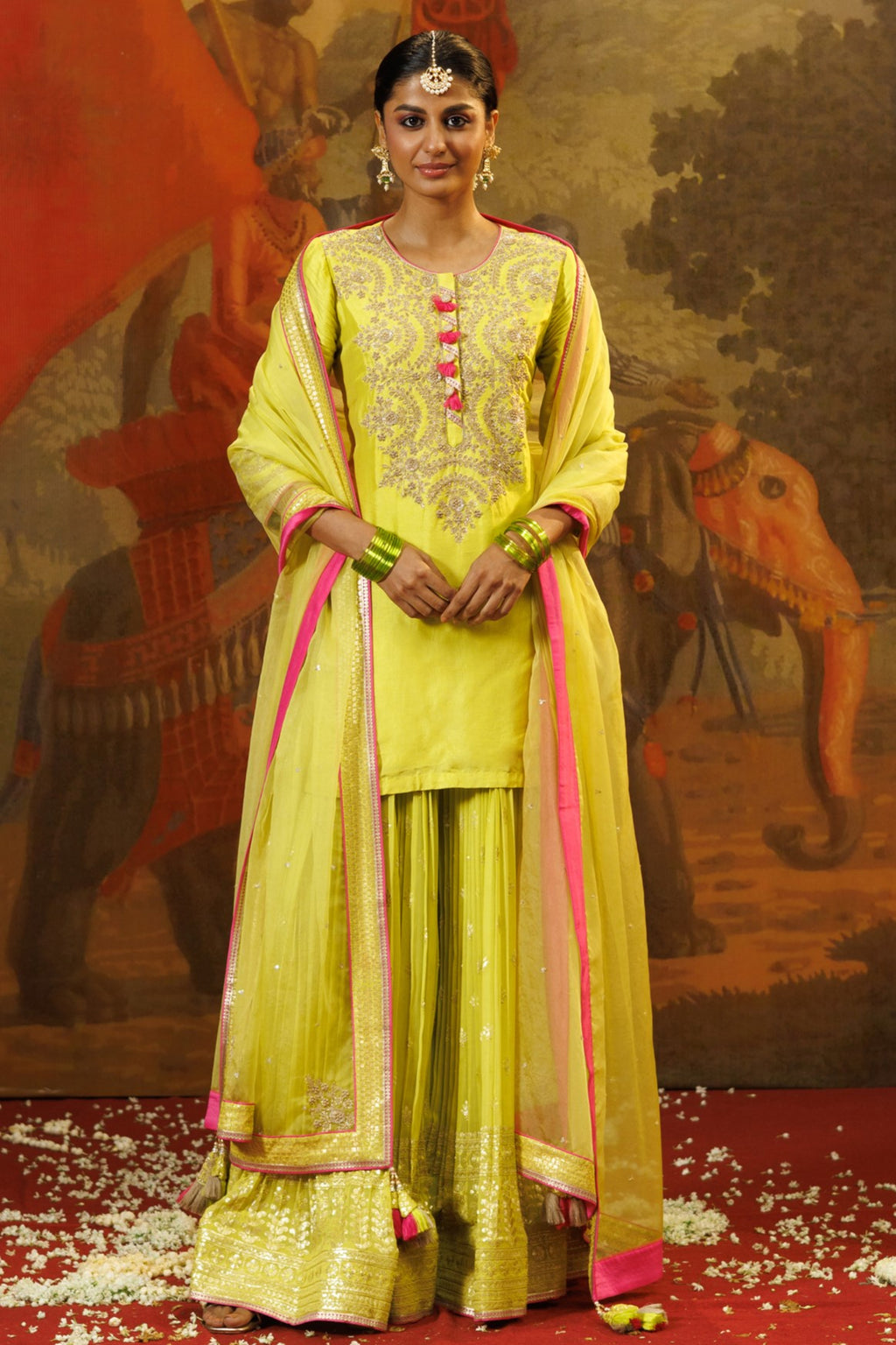 Buy yellow zardozi work georgette silk sharara suit online in USA with dupatta. Shop the best and latest designs in embroidered sarees, designer sarees, Anarkali suit, lehengas, sharara suits for weddings and special occasions from Pure Elegance Indian fashion store in USA.-full view