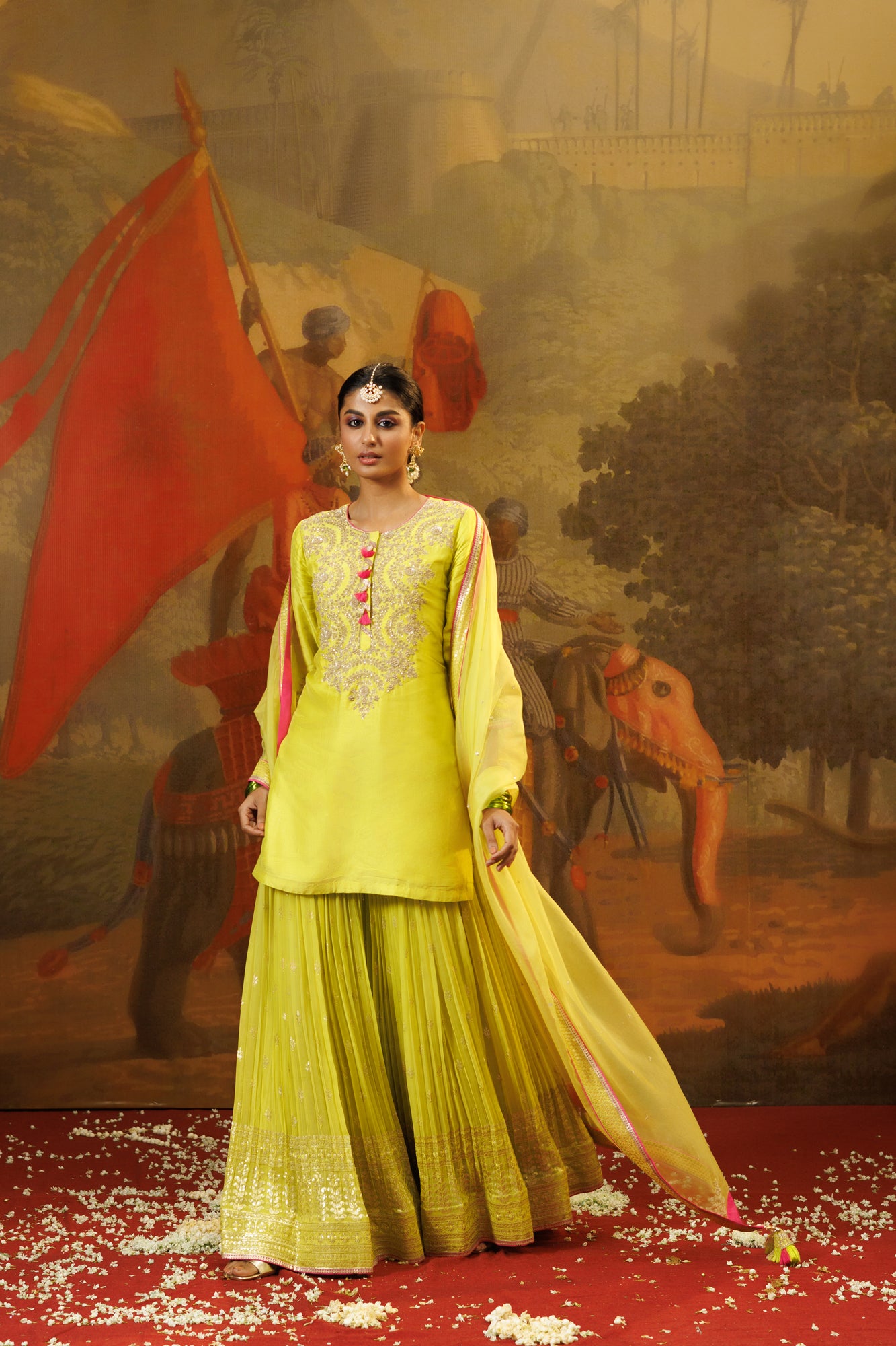 Buy yellow zardozi work georgette silk sharara suit online in USA with dupatta. Shop the best and latest designs in embroidered sarees, designer sarees, Anarkali suit, lehengas, sharara suits for weddings and special occasions from Pure Elegance Indian fashion store in USA.-sharara