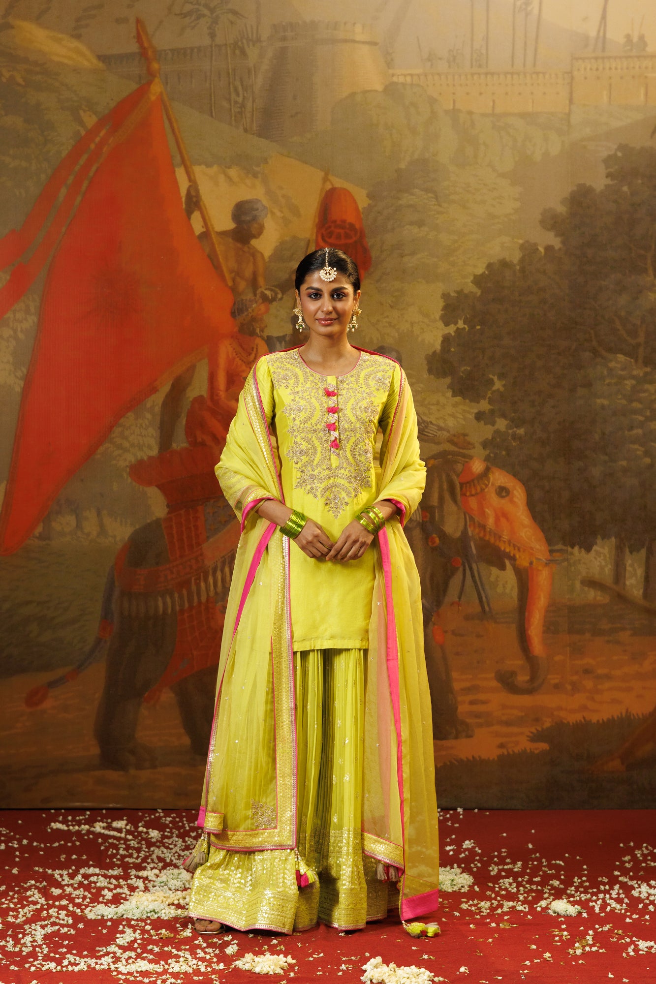 Buy yellow zardozi work georgette silk sharara suit online in USA with dupatta. Shop the best and latest designs in embroidered sarees, designer sarees, Anarkali suit, lehengas, sharara suits for weddings and special occasions from Pure Elegance Indian fashion store in USA.-closeup