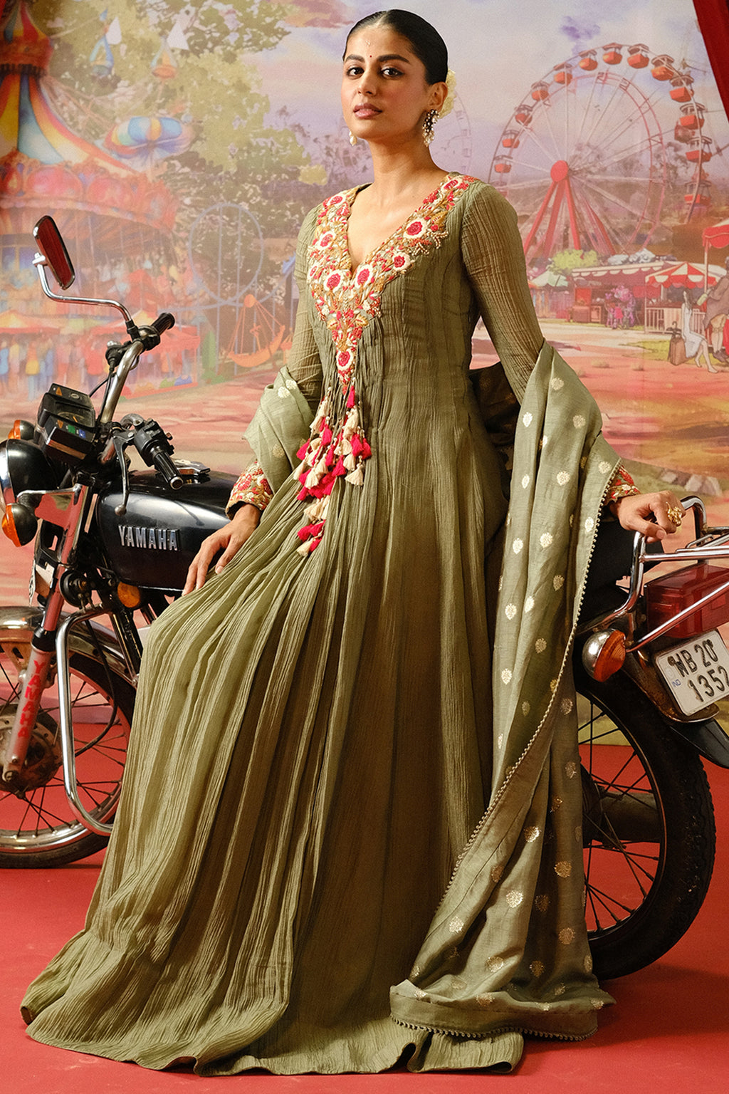 Shop olive green floral embroidery Anarkali online in USA with dupatta. Shop the best and latest designs in embroidered sarees, designer sarees, Anarkali suit, lehengas, sharara suits for weddings and special occasions from Pure Elegance Indian fashion store in USA.-full view